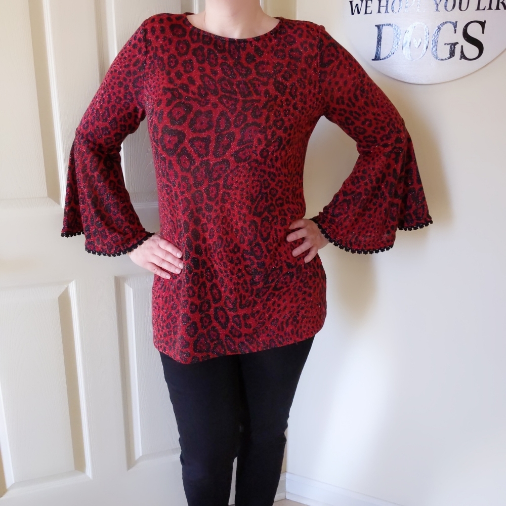 Susan Graver Sparkly Red Leopard Sweater with Bell Sleeves  size S